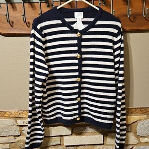 NWT H&M Soft Gold Button Navy And White Striped Sweater Size Large